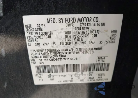 2013 Ford Explorer Xlt z USA, uszkodzony, nr VIN 1FM5K8D87DGC18895